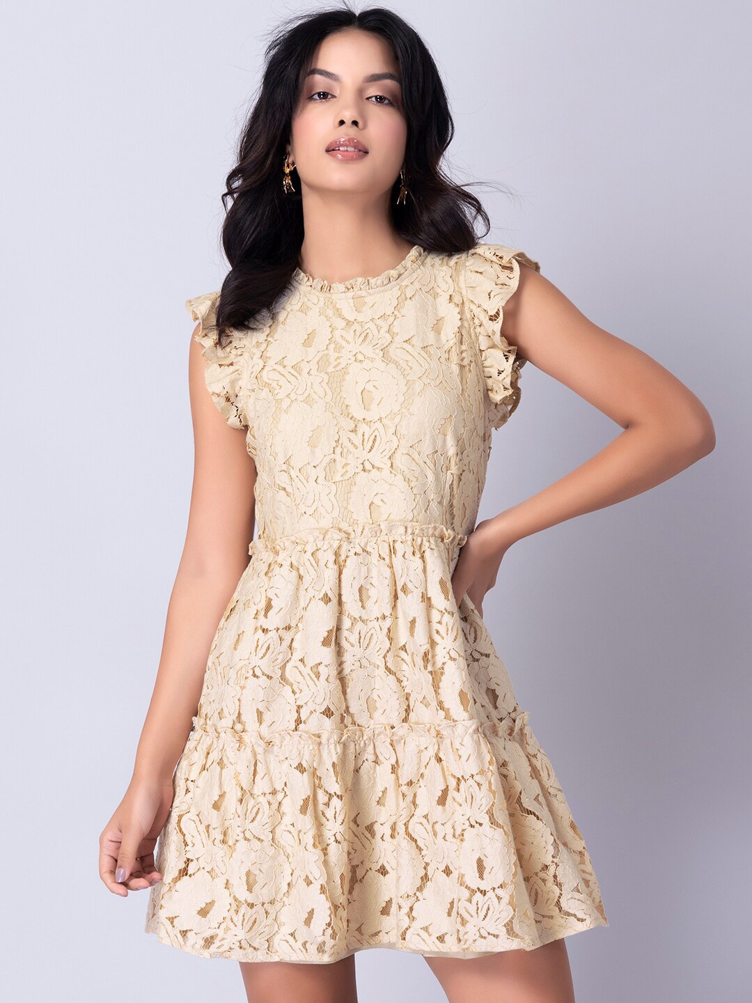 

FabAlley Beige Floral Lace Dress