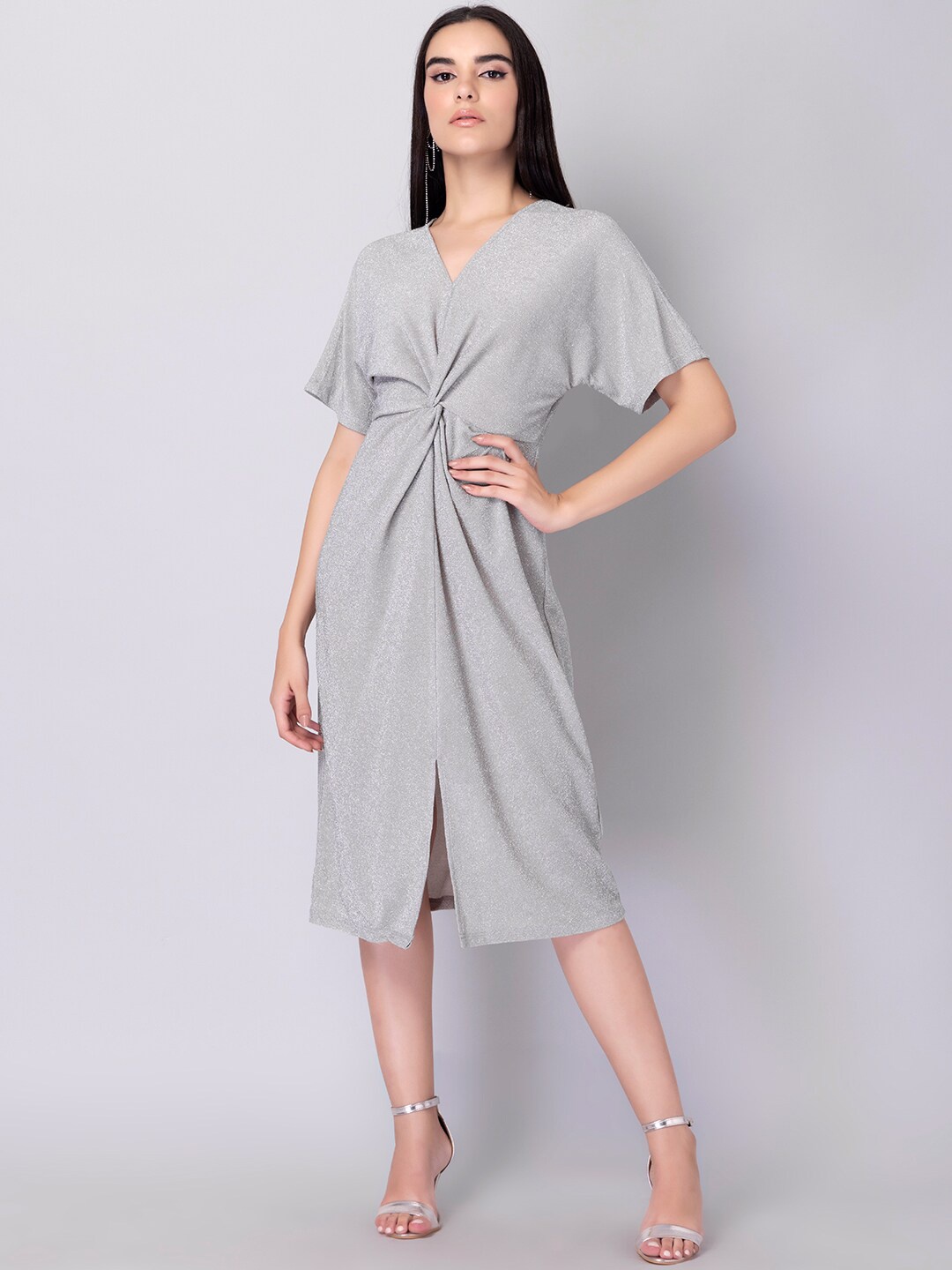 

FabAlley Women Grey Solid Shimmer Front Knot Midi Dress