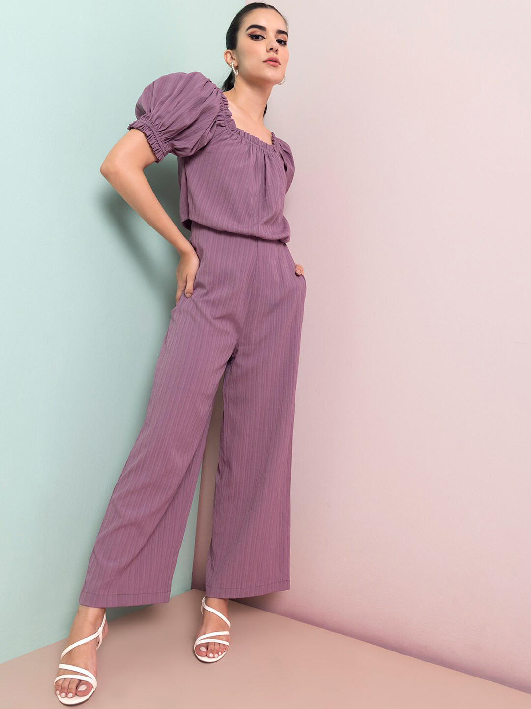 

FabAlley Purple Off-Shoulder Basic Jumpsuit