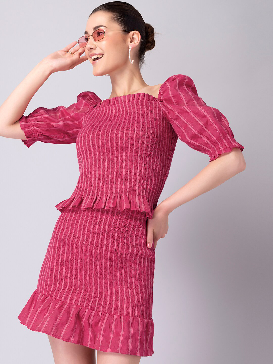 

FabAlley Women Pink Striped Smocked Top