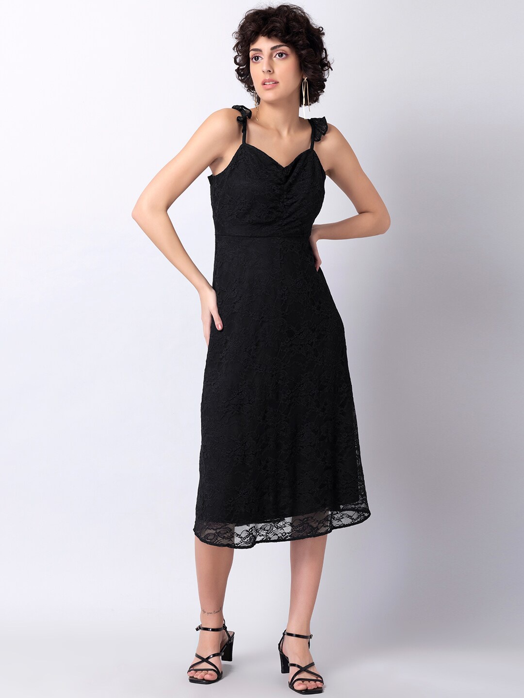 

FabAlley Black Lace Ruched Midi Dress