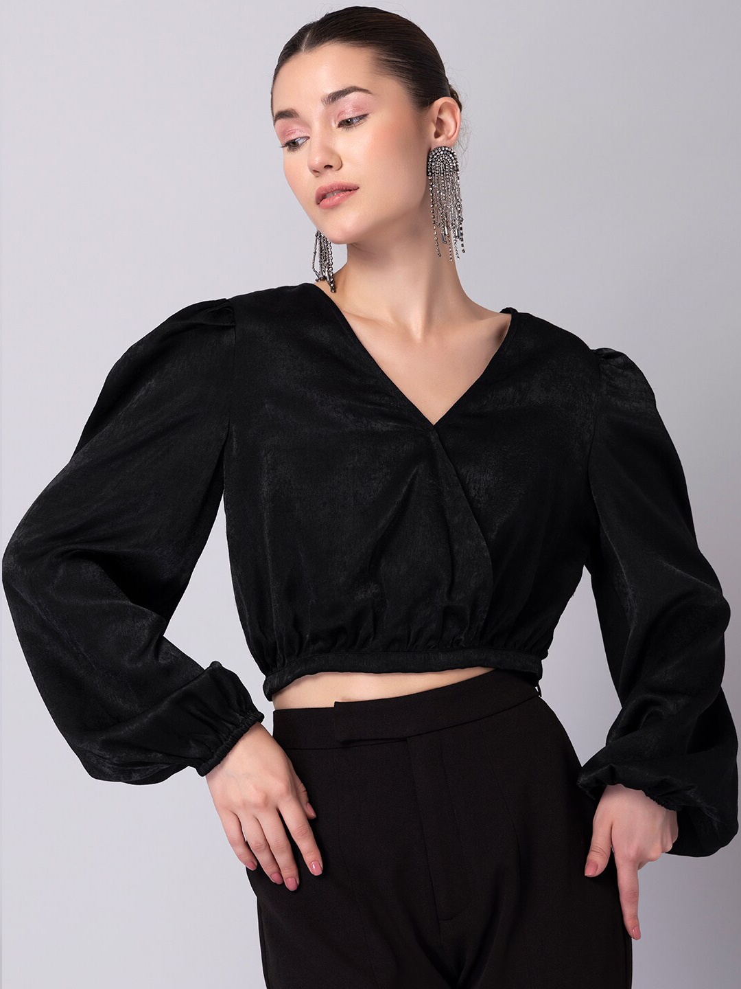 

FabAlley Black Satin Wrap Puff Sleeve Crop Top