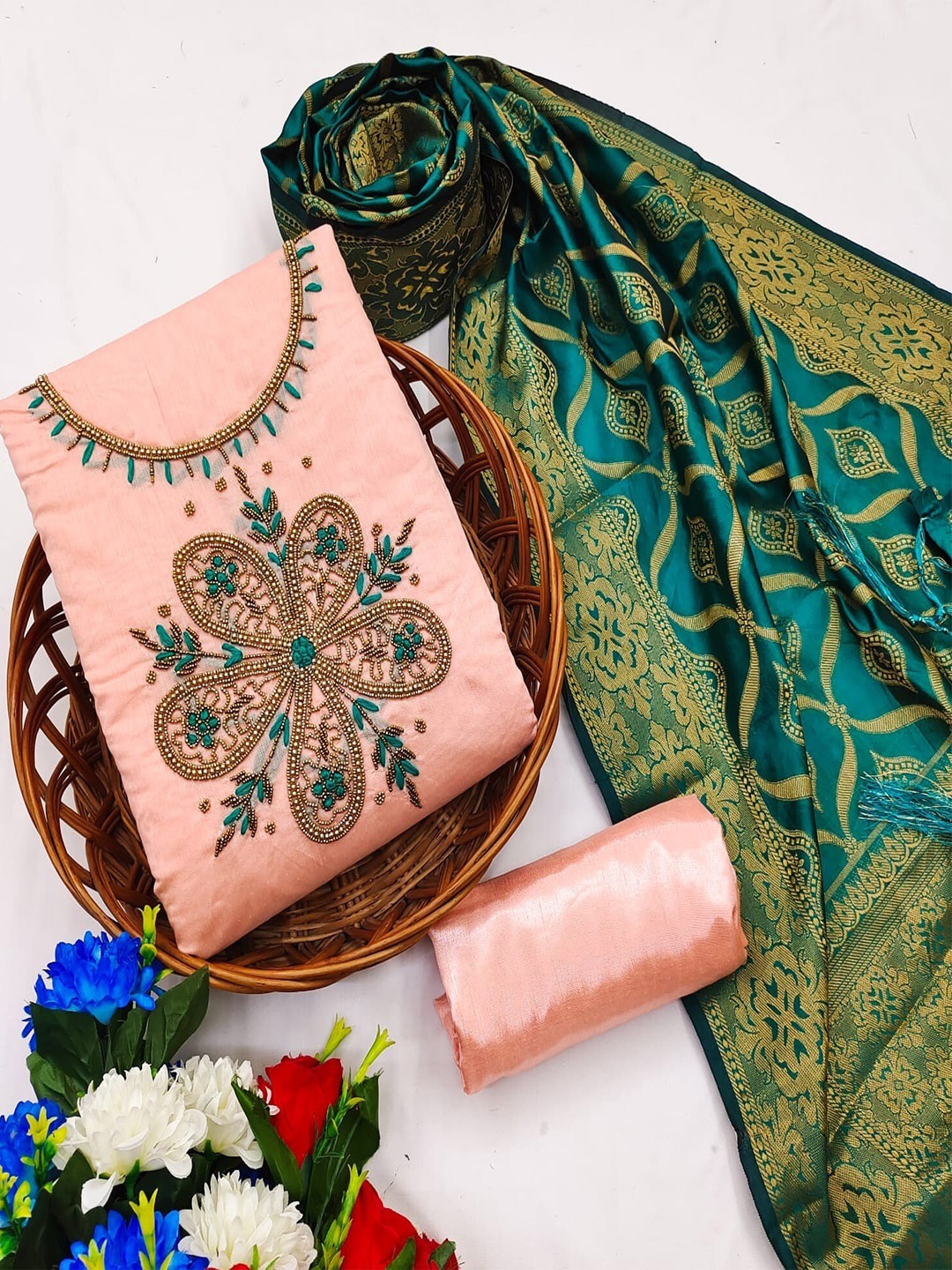

Ethnic Junction Pink & Green Embroidered Unstitched Dress Material