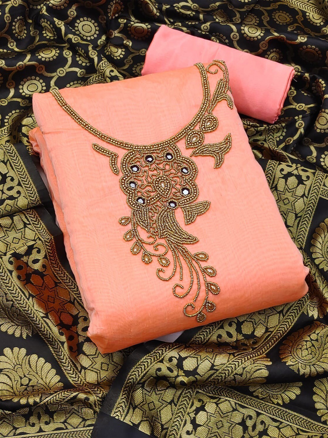 

Ethnic Junction Pink & Black Embroidered Unstitched Dress Material