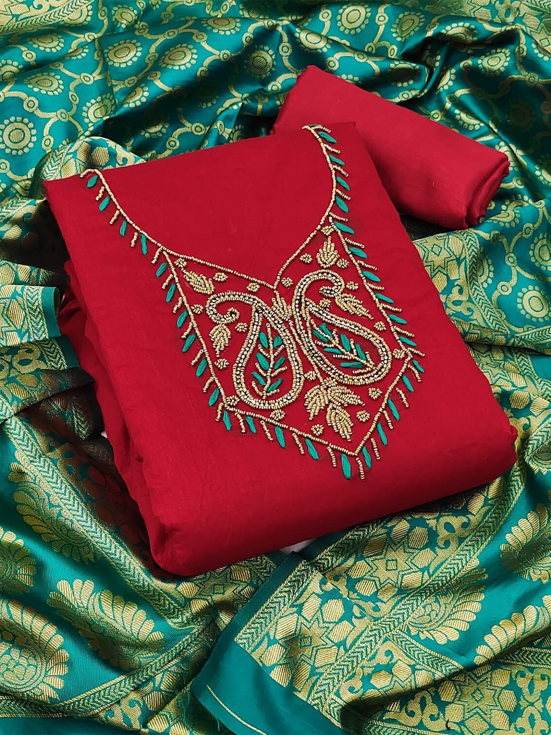 

Ethnic Junction Red & Green Embroidered Unstitched Dress Material