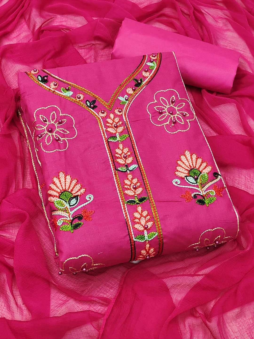 

Ethnic Junction Pink & Off White Embroidered Unstitched Dress Material