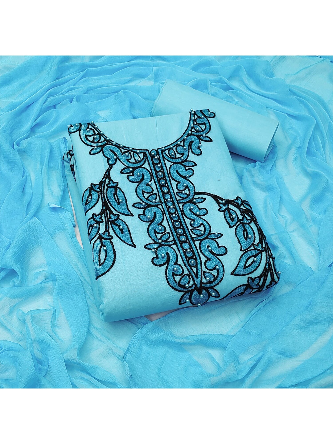 

Ethnic Junction Blue & Black Embroidered Linen Unstitched Dress Material