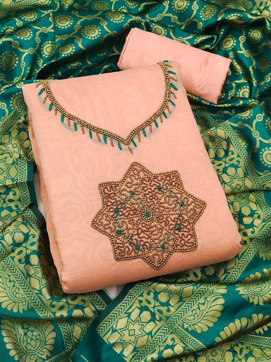

Ethnic Junction Pink & Green Embroidered Unstitched Dress Material