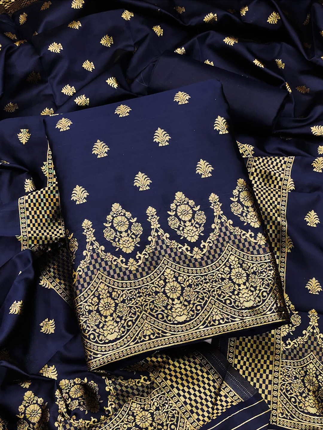 

Ethnic Junction Navy Blue & Gold-Toned Unstitched Dress Material
