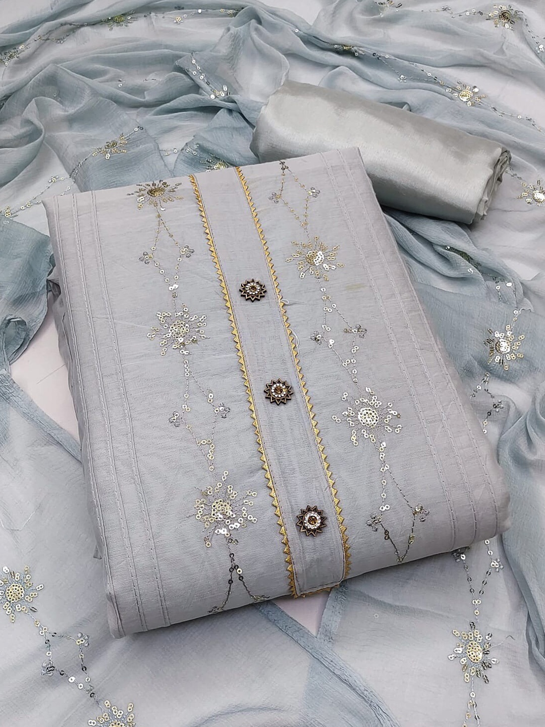 

Ethnic Junction Grey & Silver-Toned Embroidered Unstitched Dress Material