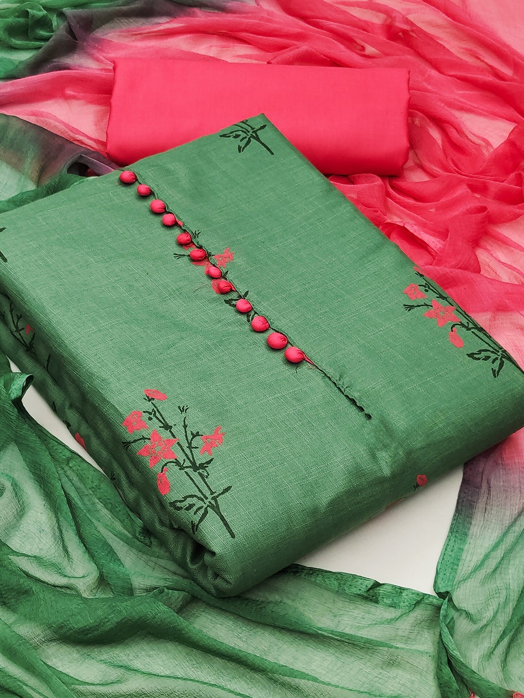 

Ethnic Junction Green & Red Printed Unstitched Dress Material