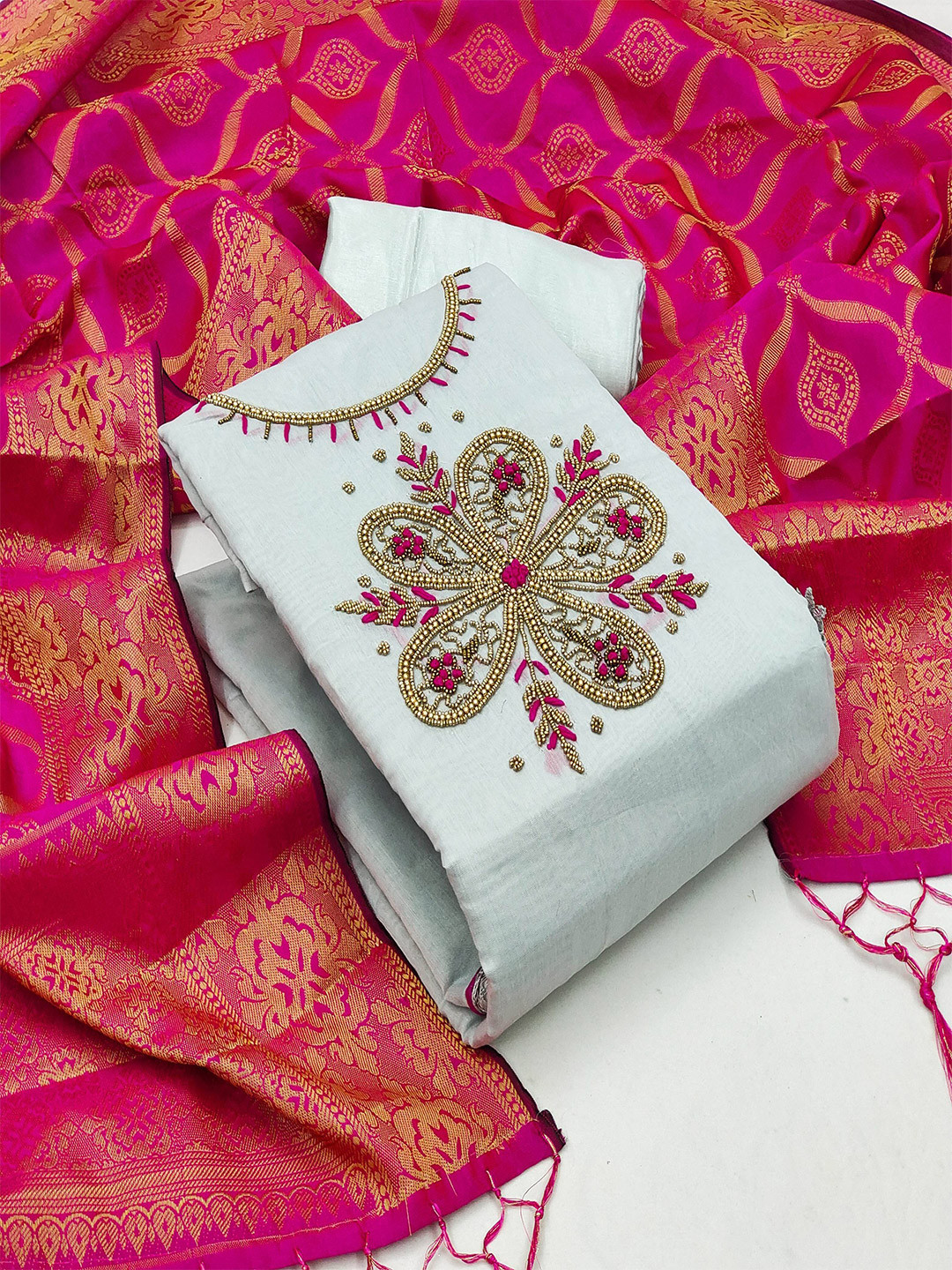 

Ethnic Junction Women Grey & Pink Embroidered Unstitched Dress Material