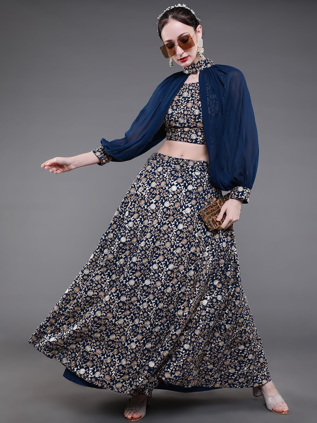 

saubhagya Blue & Gold-Toned Embroidered Lehenga Choli With Cape Sleeves