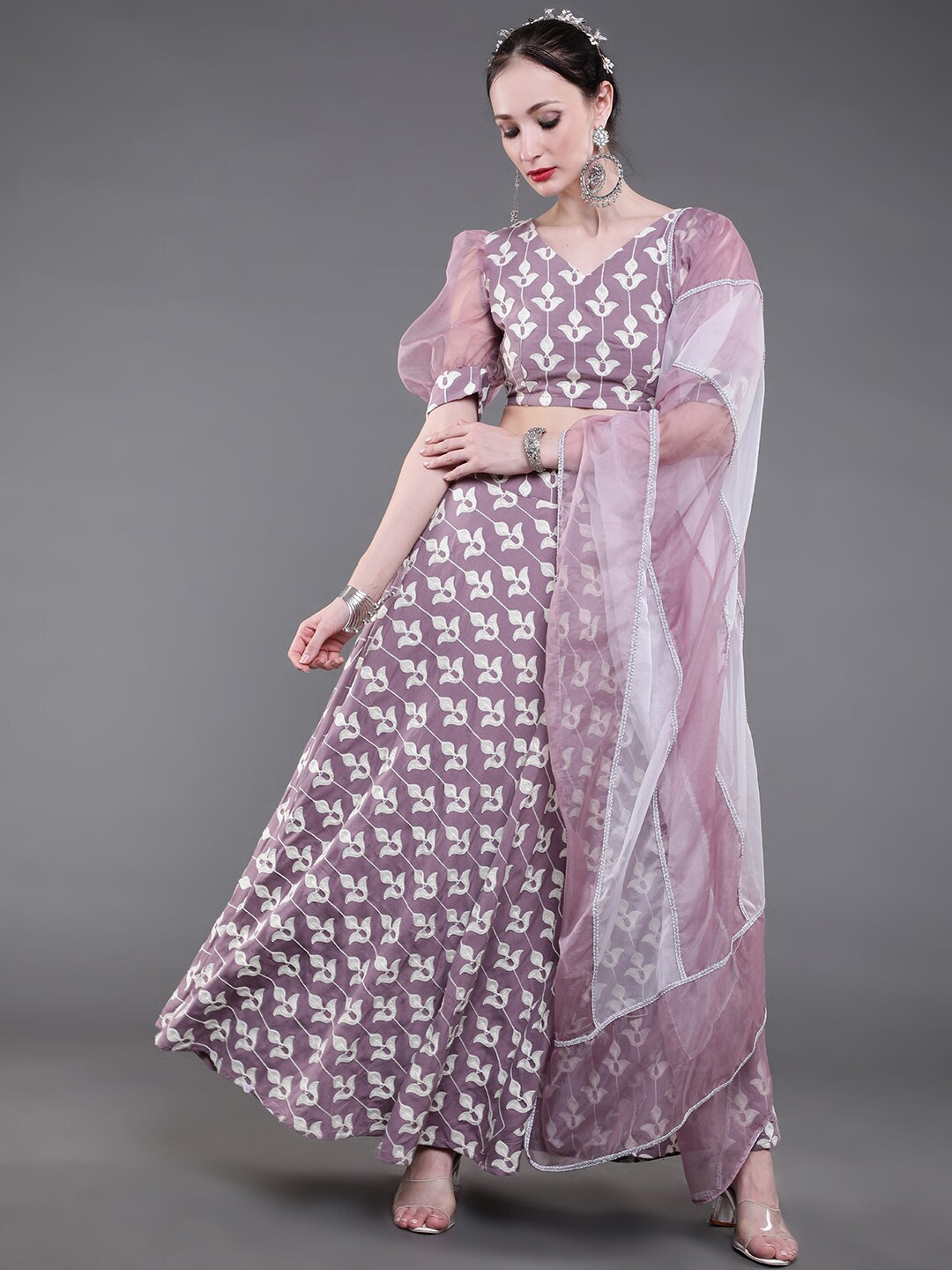 

saubhagya Women Mauve & Off White Embroidered Ready to Wear Lehenga & Blouse With Dupatta