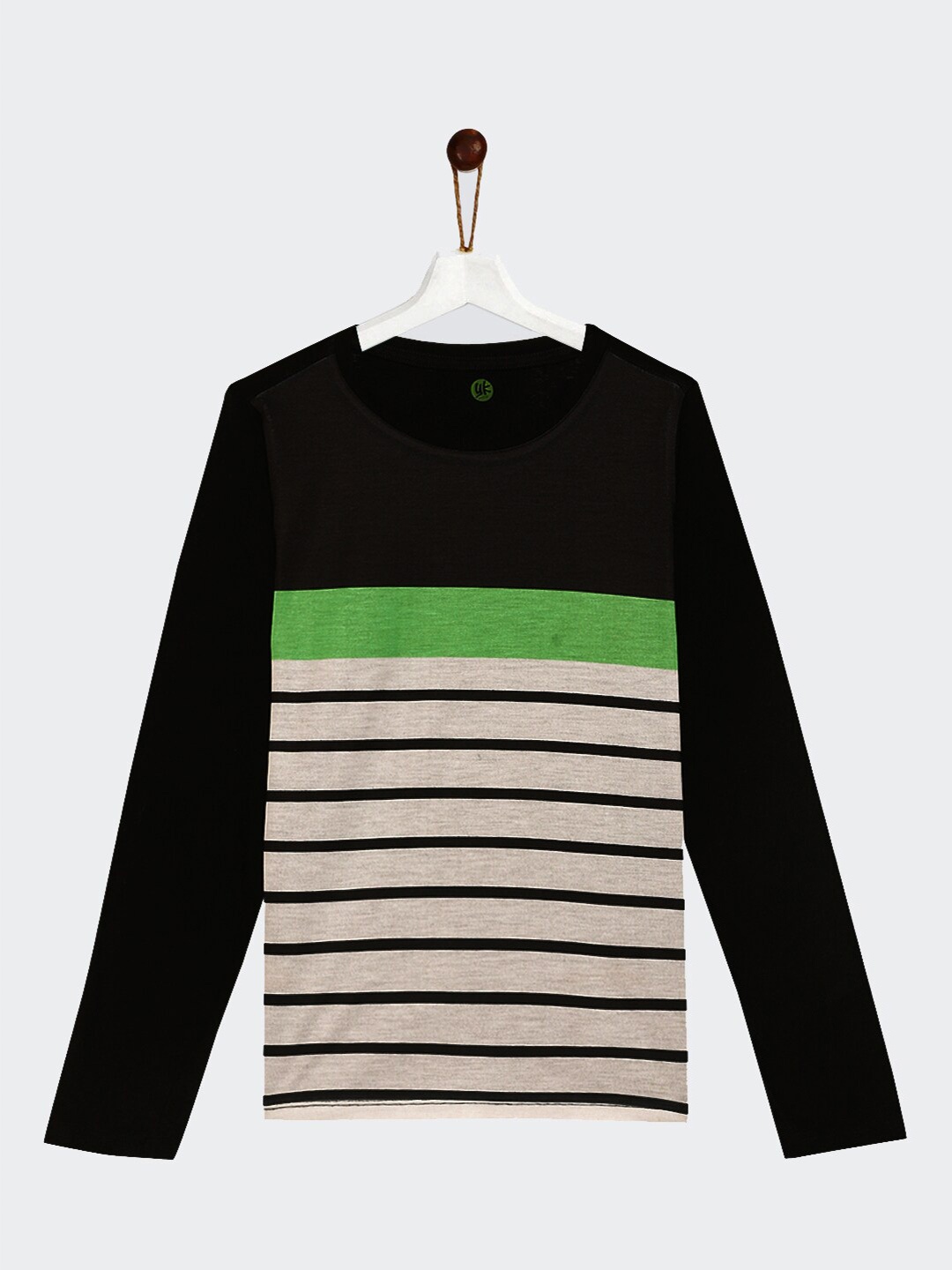 

YK Boys Black & Beige Striped Full sleeve Cotton T-shirt