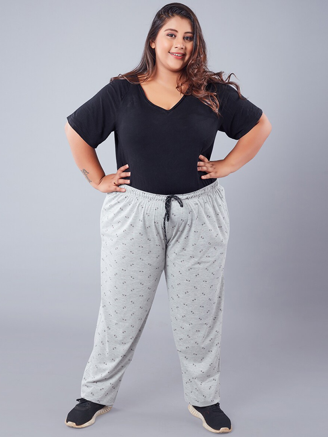 

CUPID Plus Size Women Grey Printed Cotton Track Pants
