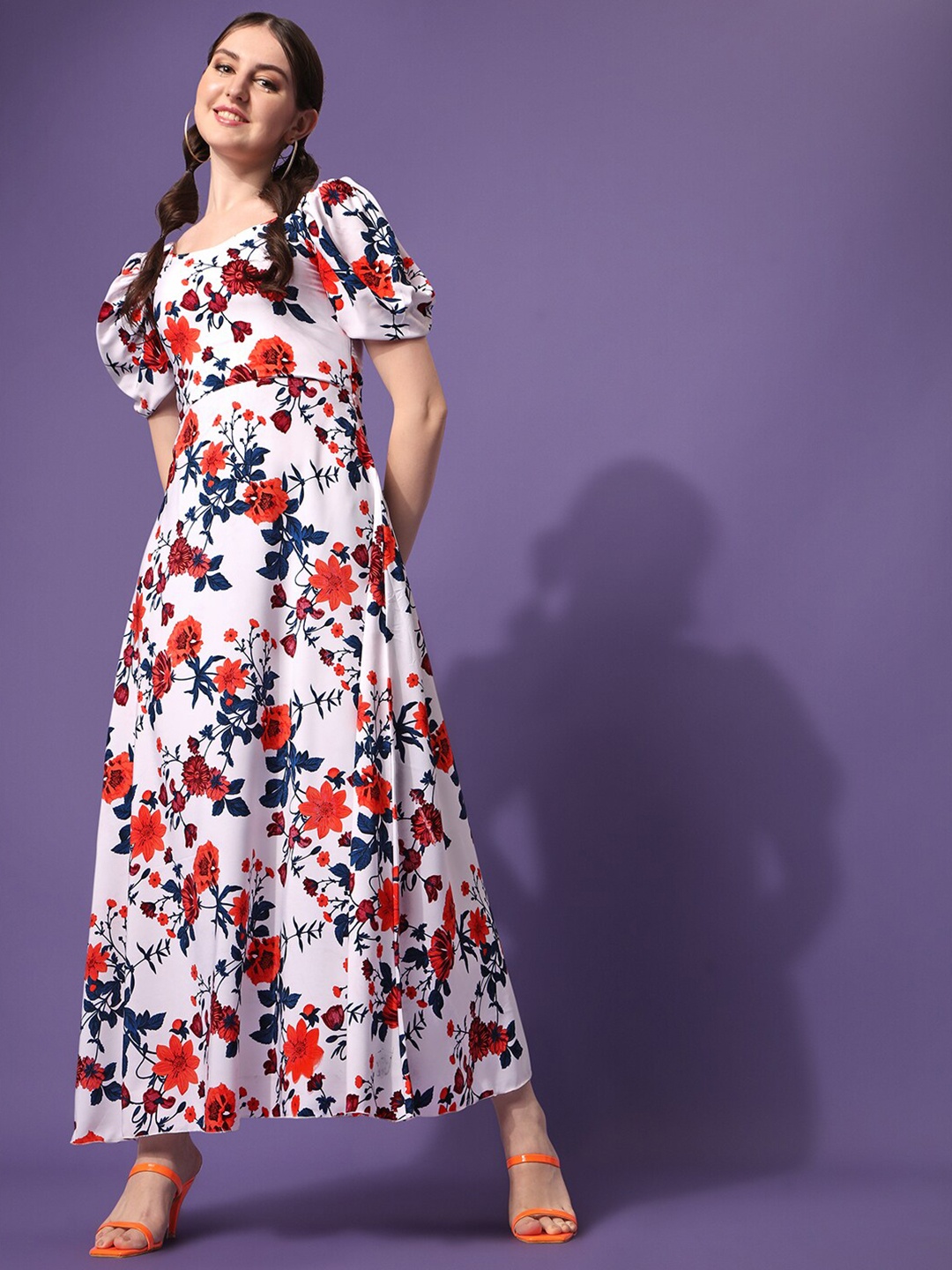 

SHEETAL Associates White & Red Floral Crepe Maxi Dress