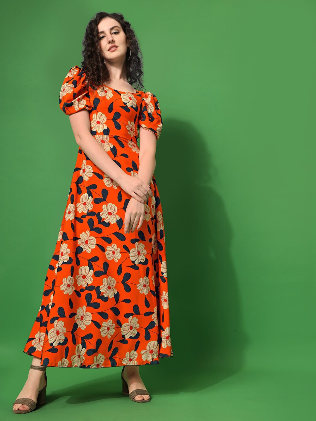 

SHEETAL Associates Orange Floral Printed Crepe Maxi Dress
