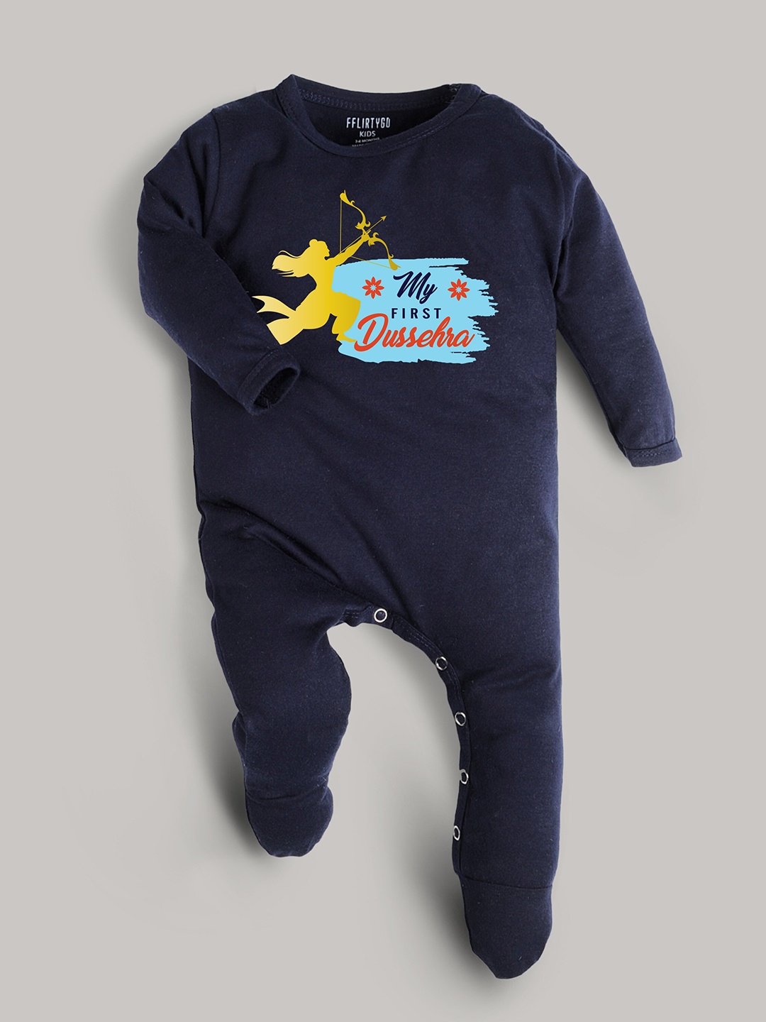 

FFLIRTYGO Infants Navy Blue & Yellow Printed Pure Cotton Sleepsuit