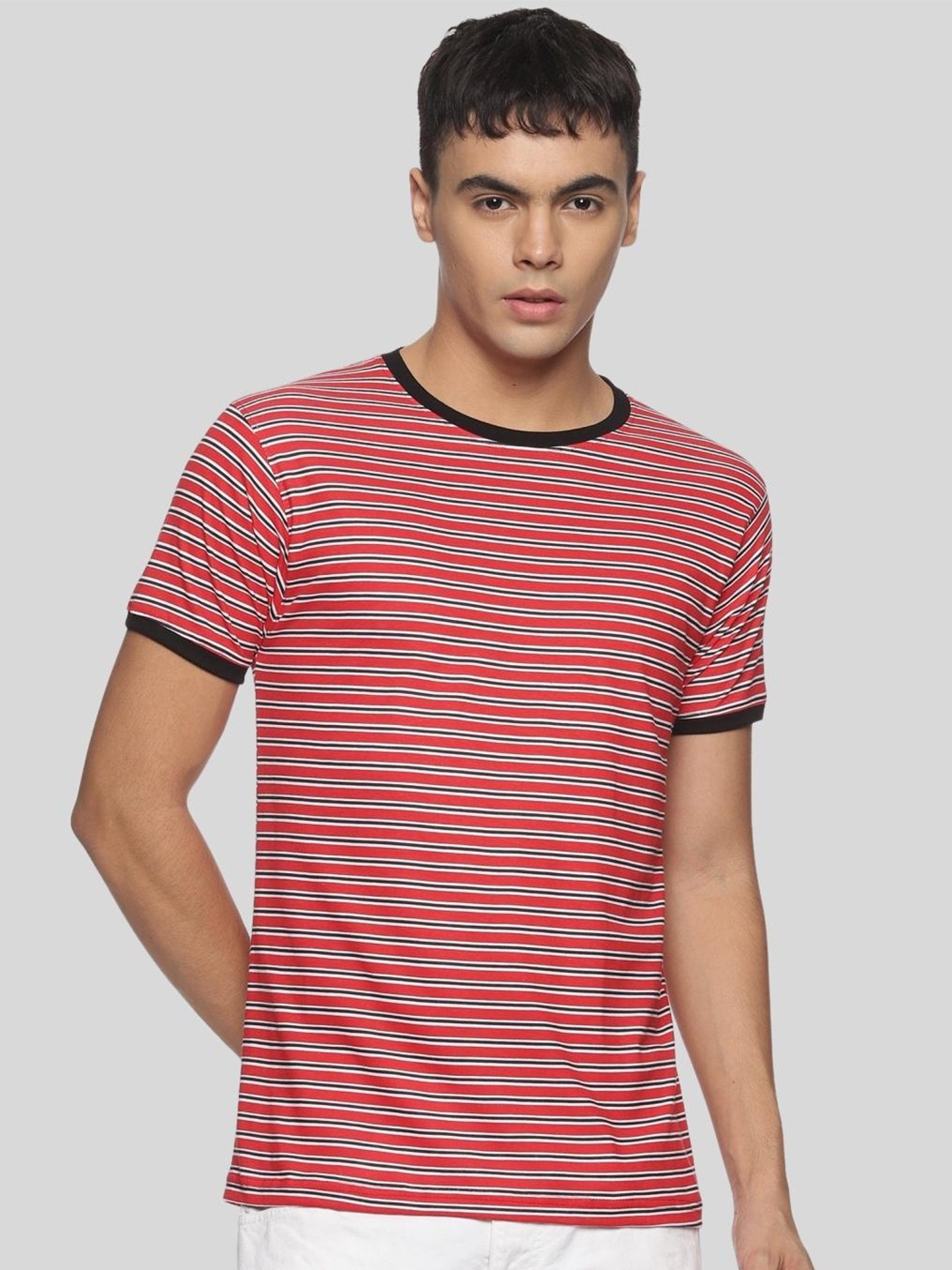 

DEZANO Men Cotton Red & Black Striped T-shirt