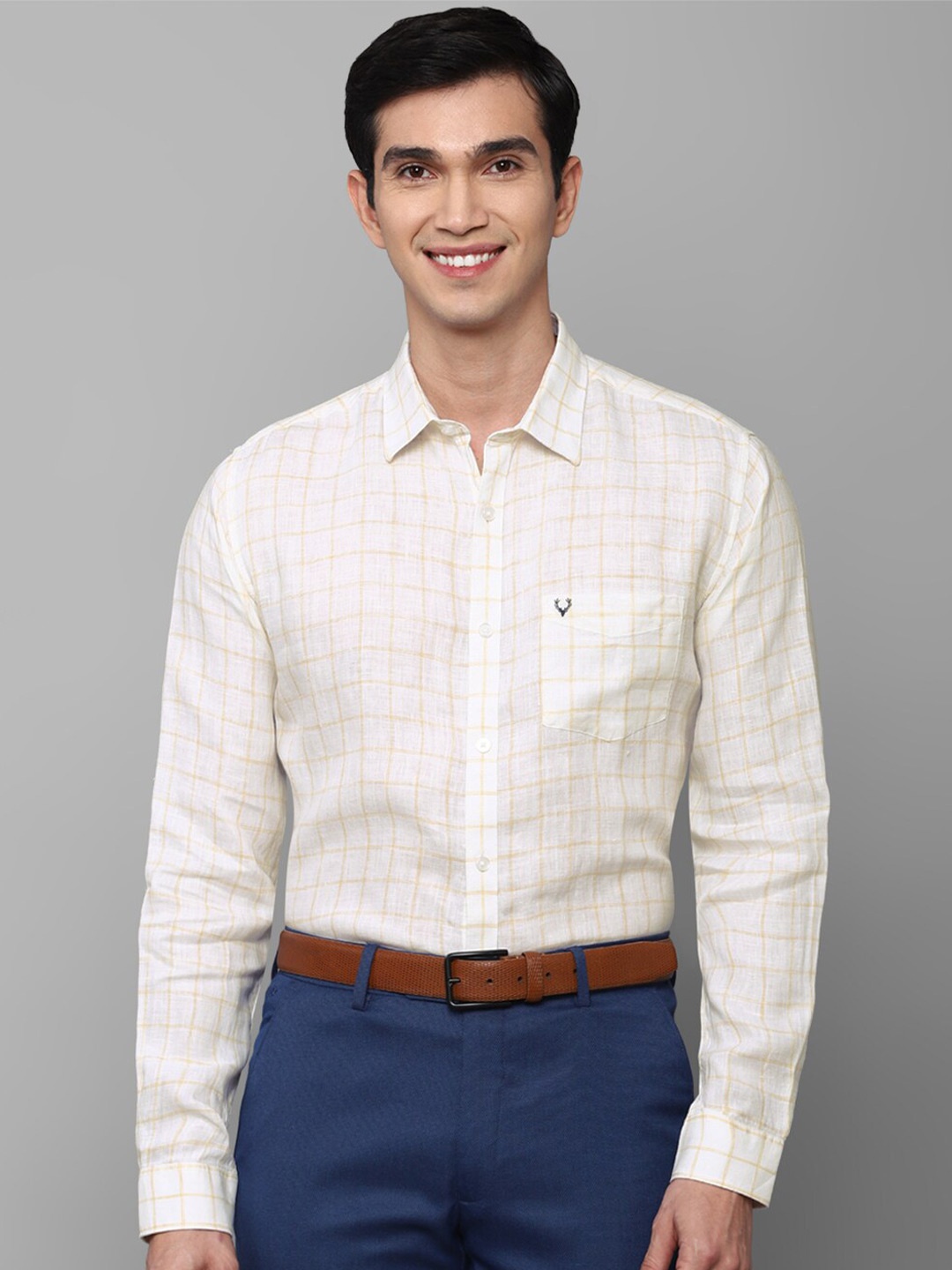 

Allen Solly Men Beige Slim Fit Grid Tattersall Checked Pure Linen Formal Shirt