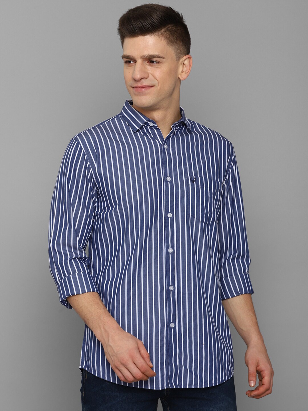 

Allen Solly Men Pure cotton Blue Slim Fit Striped Casual Shirt
