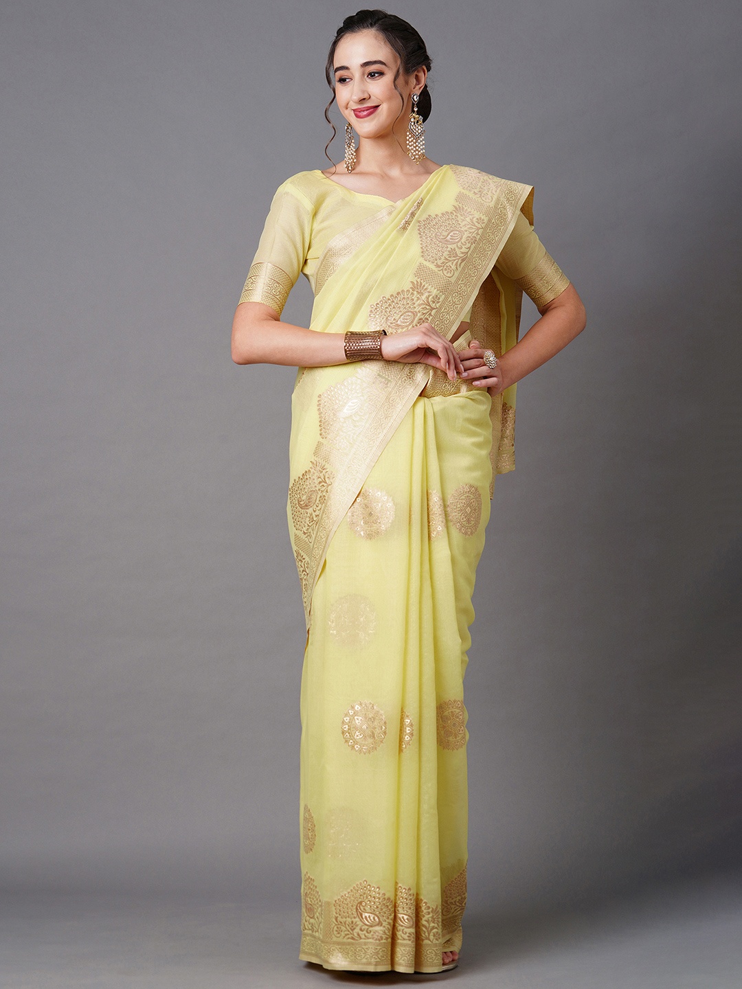 

Mitera Yellow & Gold-Toned Floral Zari Banarasi Saree