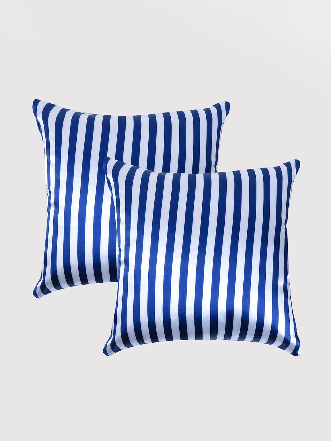 

OUSSUM Navy Blue & White Set of 2 Striped Satin Square Cushion Covers