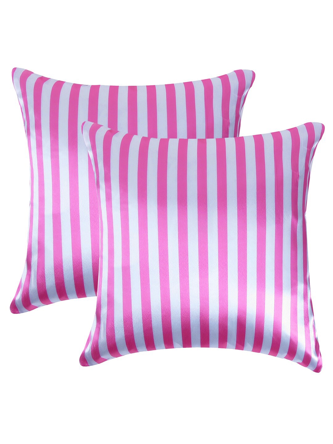 

OUSSUM Pink & White Set of 2 Striped Satin Square Cushion Covers