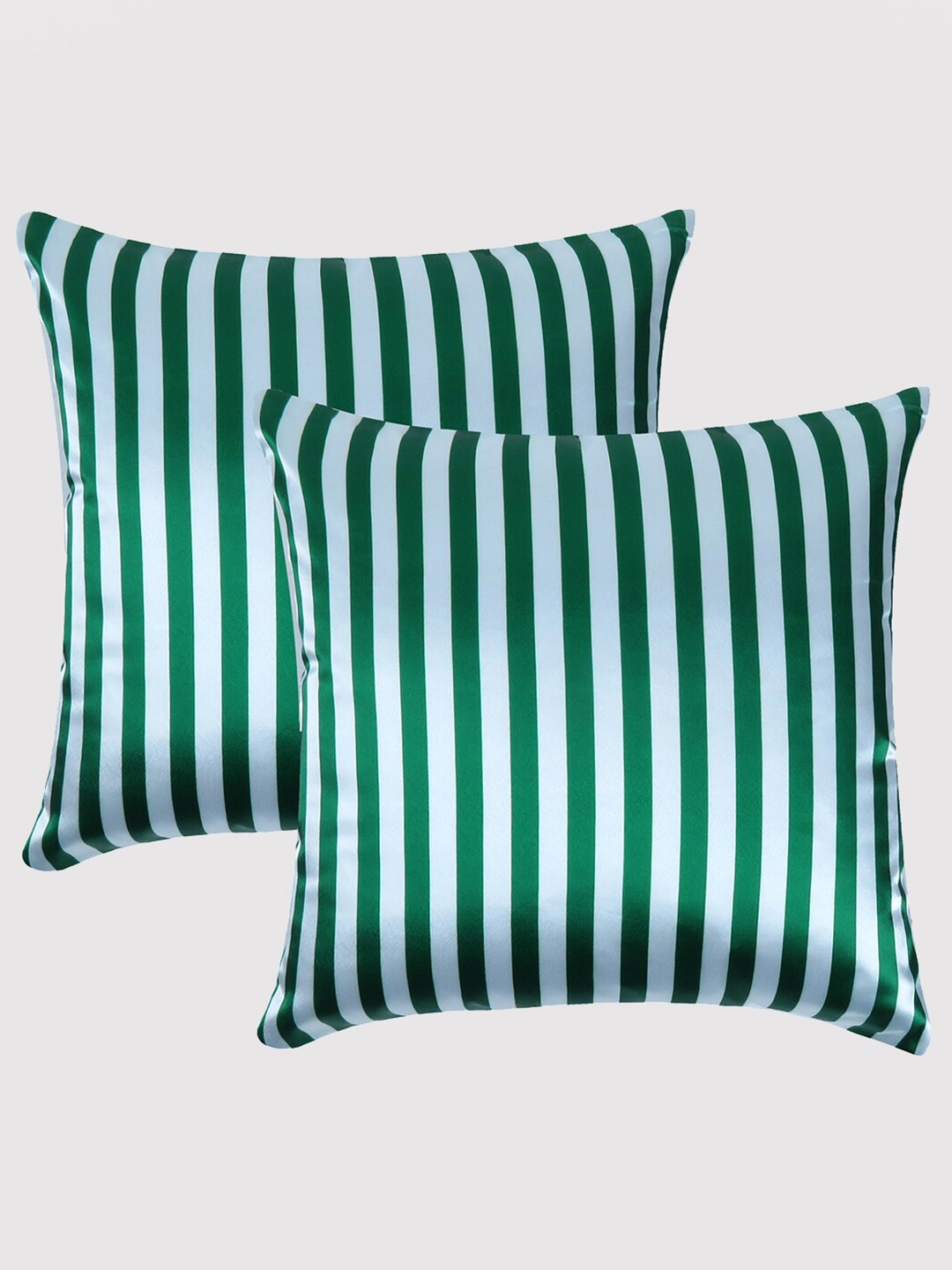 

OUSSUM Green & White Set of 2 Striped Satin Square Cushion Covers