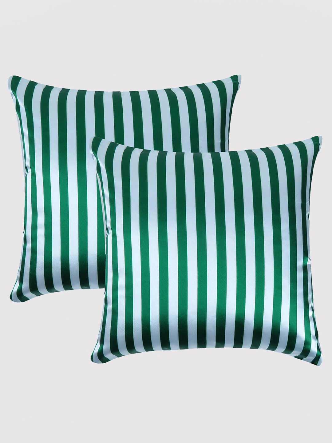 

OUSSUM Green & White Set of 2 Striped Satin Square Cushion Covers