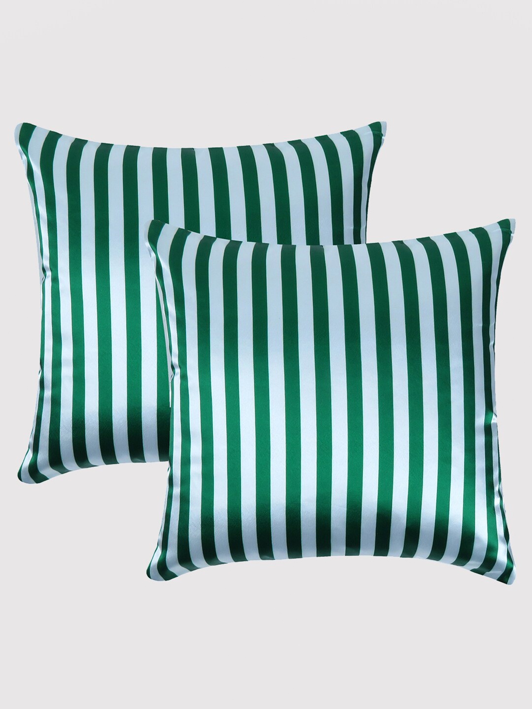 

OUSSUM Green & White Pack of 2 Striped Satin Square Cushion Covers