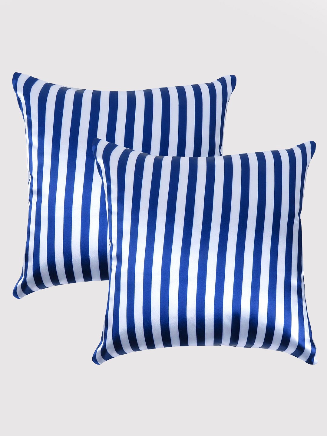 

OUSSUM Navy Blue & White Set of 2 Striped Satin Square Cushion Covers