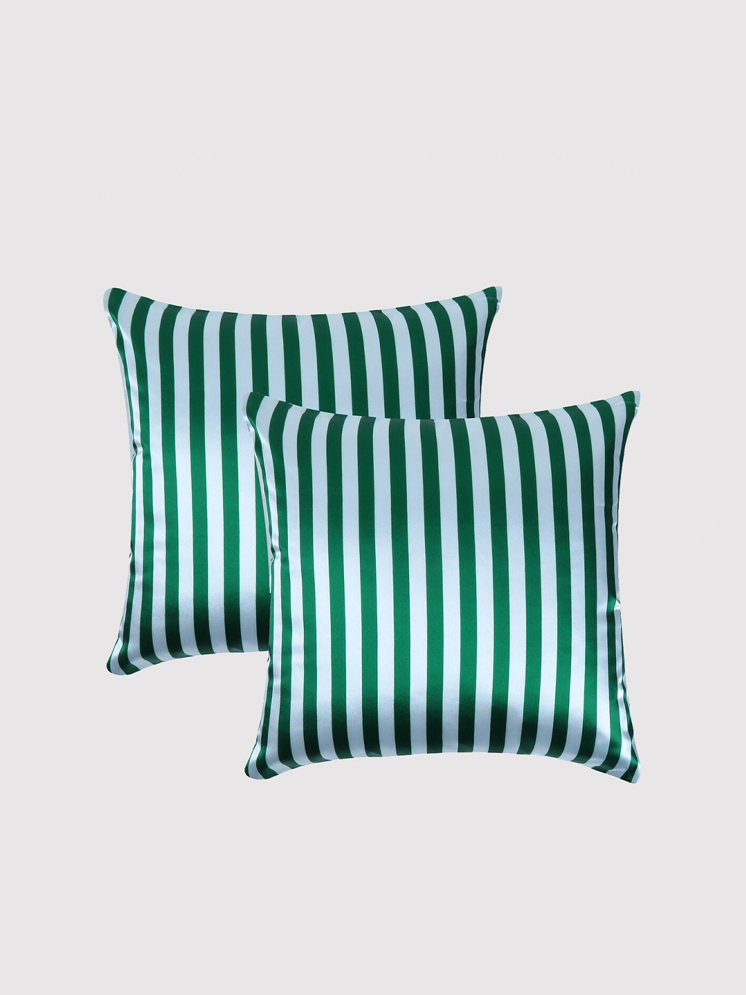 

OUSSUM Green & White Set of 2 Striped Satin Square Cushion Covers