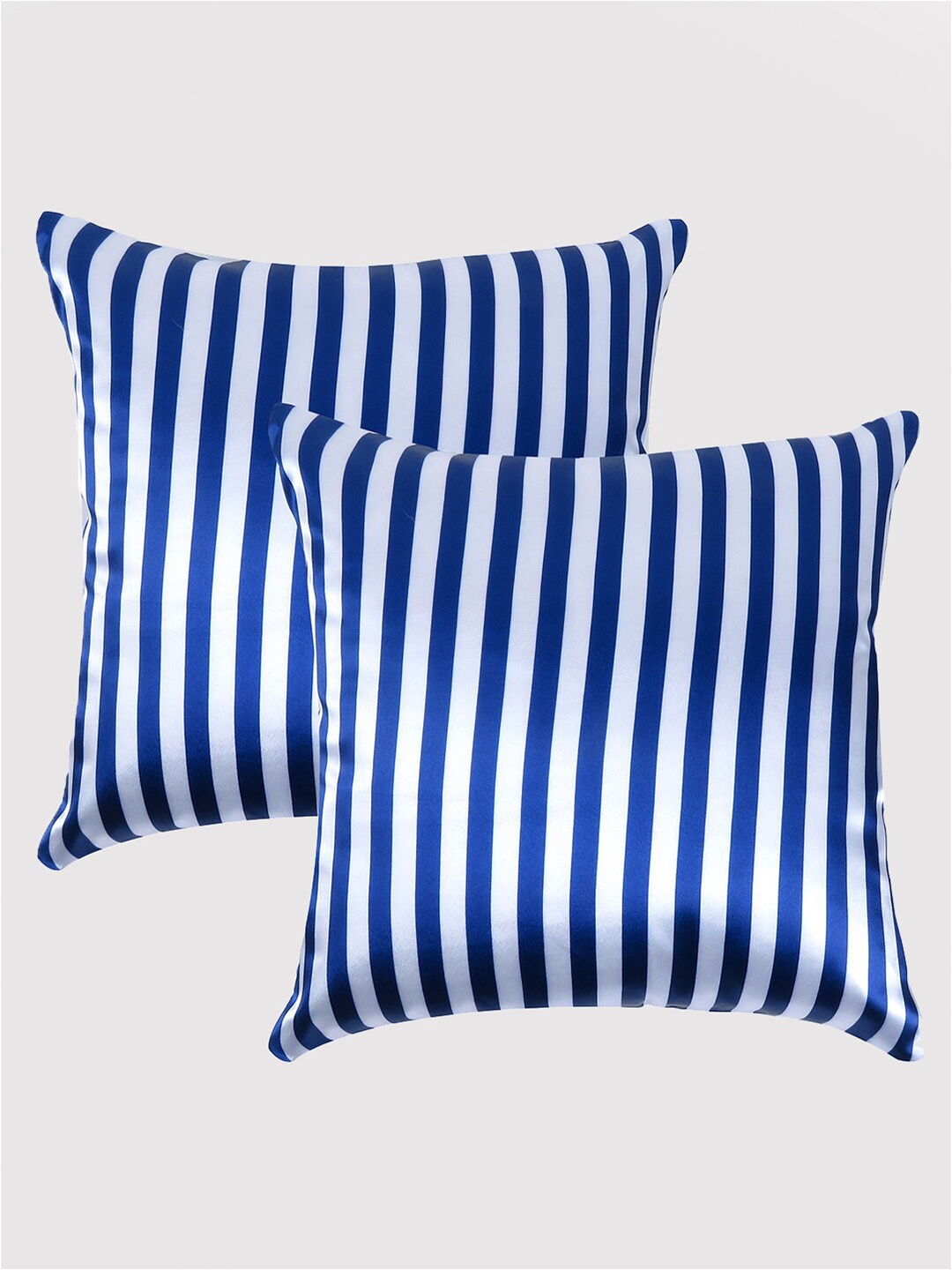 

OUSSUM Navy Blue & White Set of 2 Striped Satin Square Cushion Covers