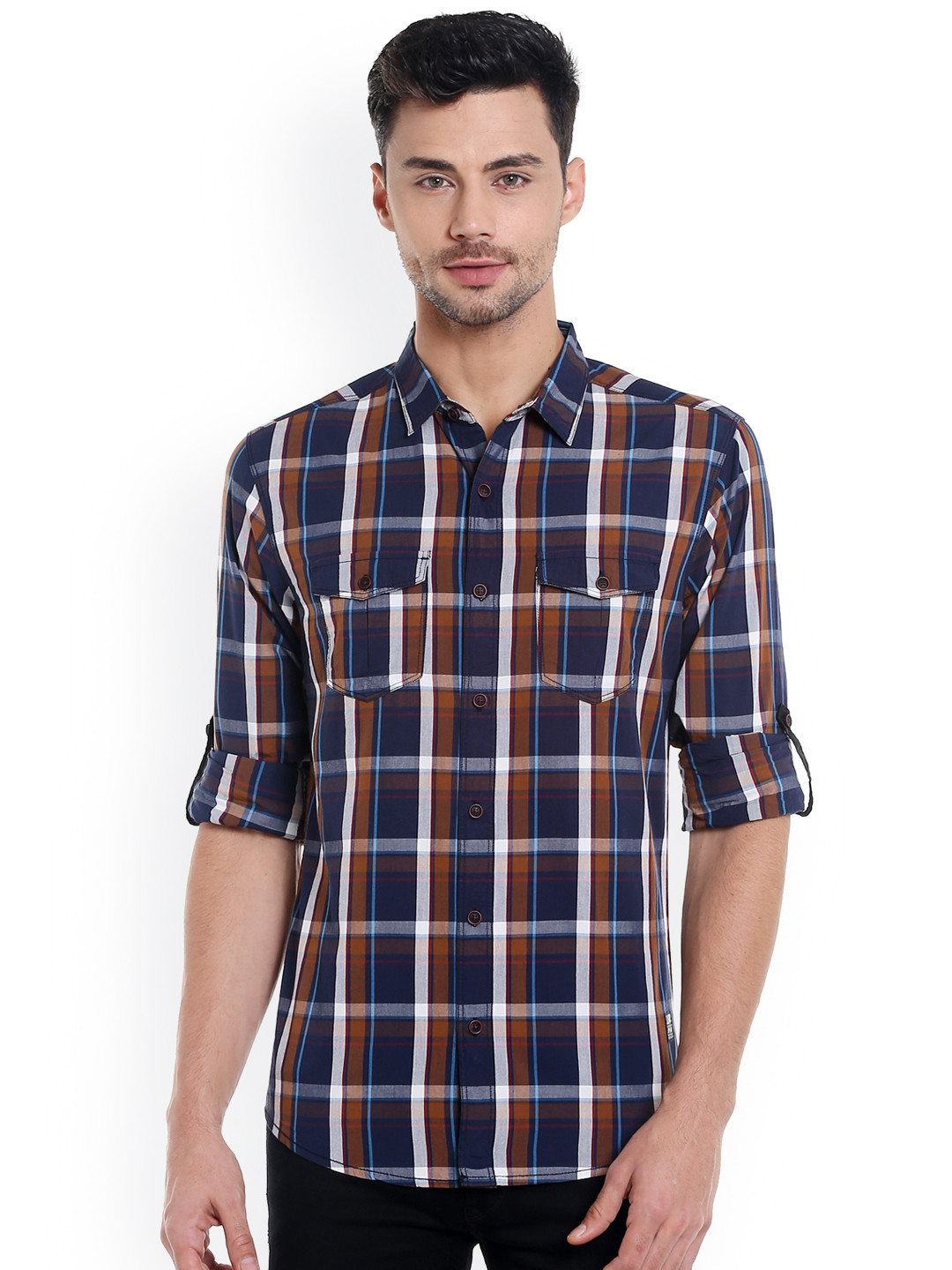 

SPYKAR Men Navy Blue Slim Fit Checked Casual Shirt