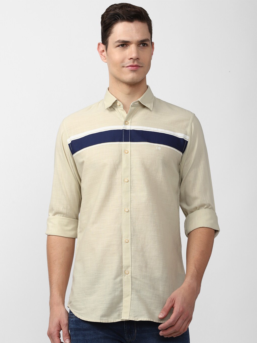 

Peter England Casuals Men Cream-Coloured Slim Fit Colourblocked Pure Cotton Casual Shirt