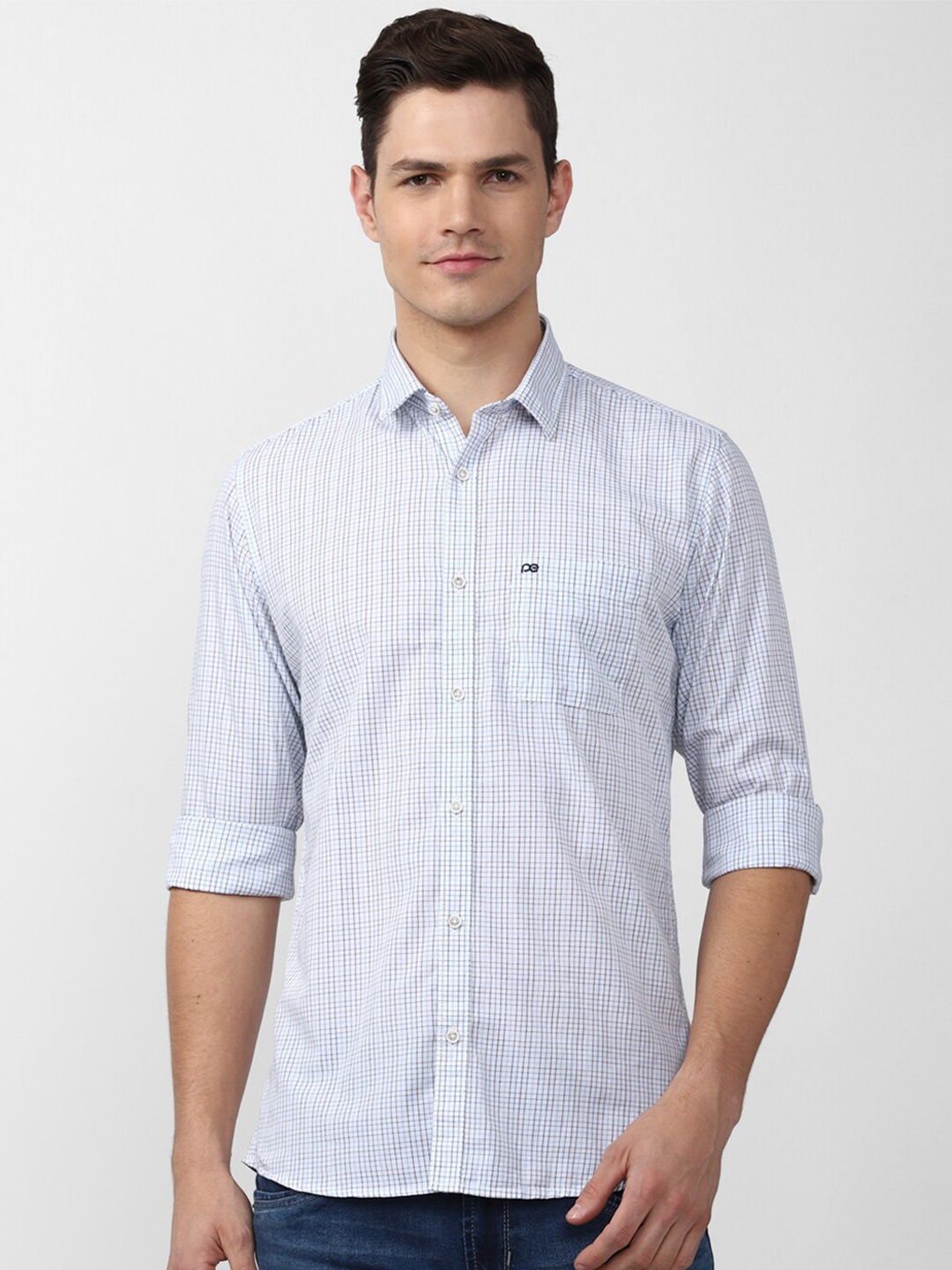 

Peter England Casuals Men Blue Pure Cotton Slim Fit Grid Tattersall Checks Casual Shirt