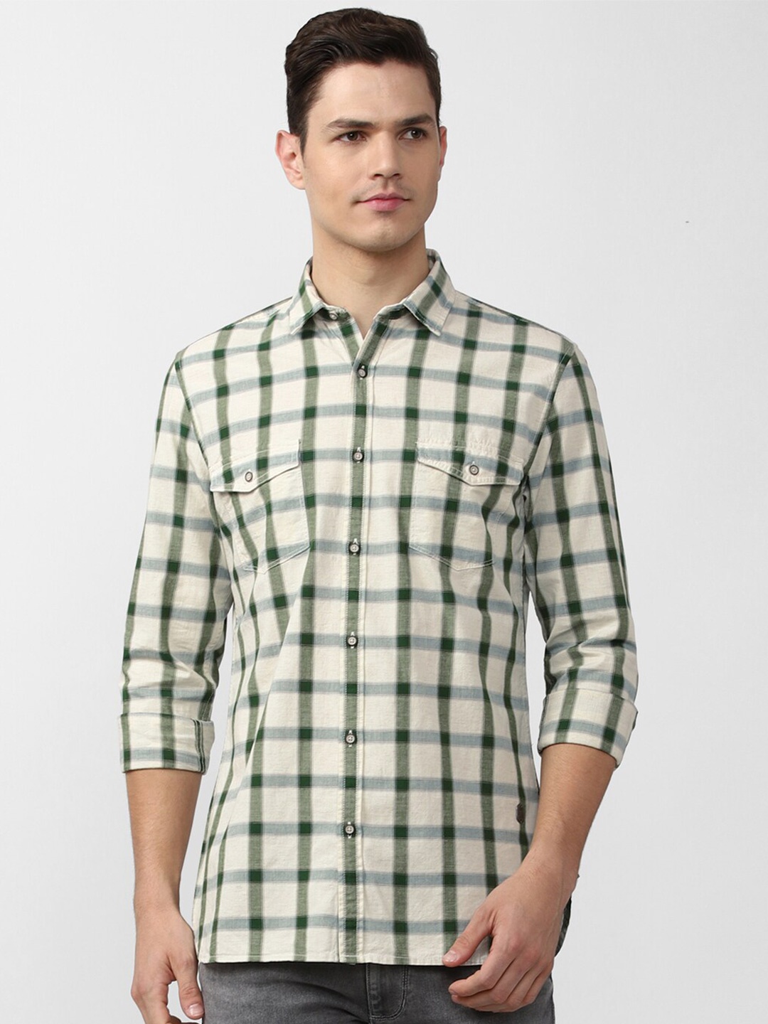 

Peter England Casuals Men Beige Slim Fit Tartan Checked Pure Cotton Casual Shirt