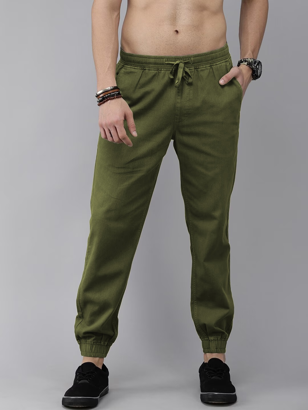 

Roadster Men Solid Slim-Fit Pure Cotton Joggers, Olive