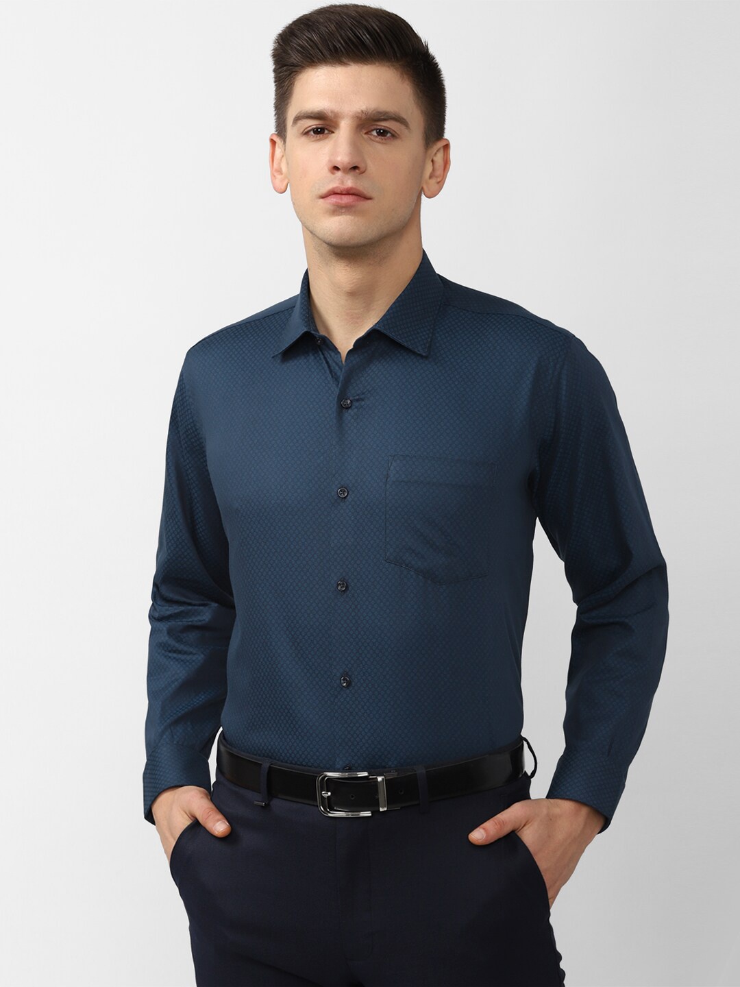 

Van Heusen Men Navy Blue Self Design Pure Cotton Formal Shirt