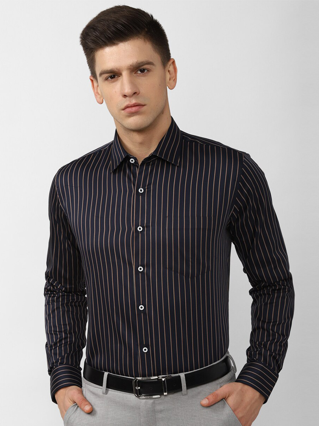 

Van Heusen Men Navy Blue Slim Fit Striped Formal Shirt