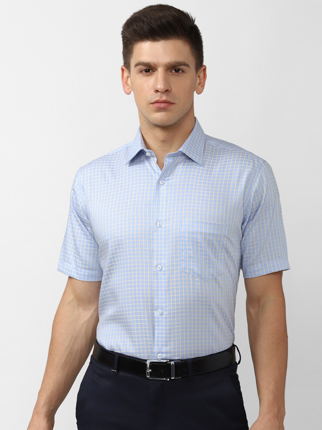 

Van Heusen Men Blue Grid Tattersall Checked Pure Cotton Formal Shirt