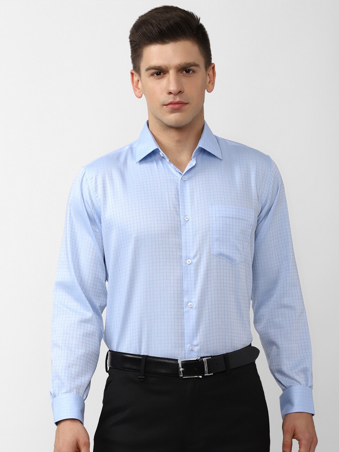 

Van Heusen Men Blue Grid Tattersall Checks Formal Pure Cotton Shirt