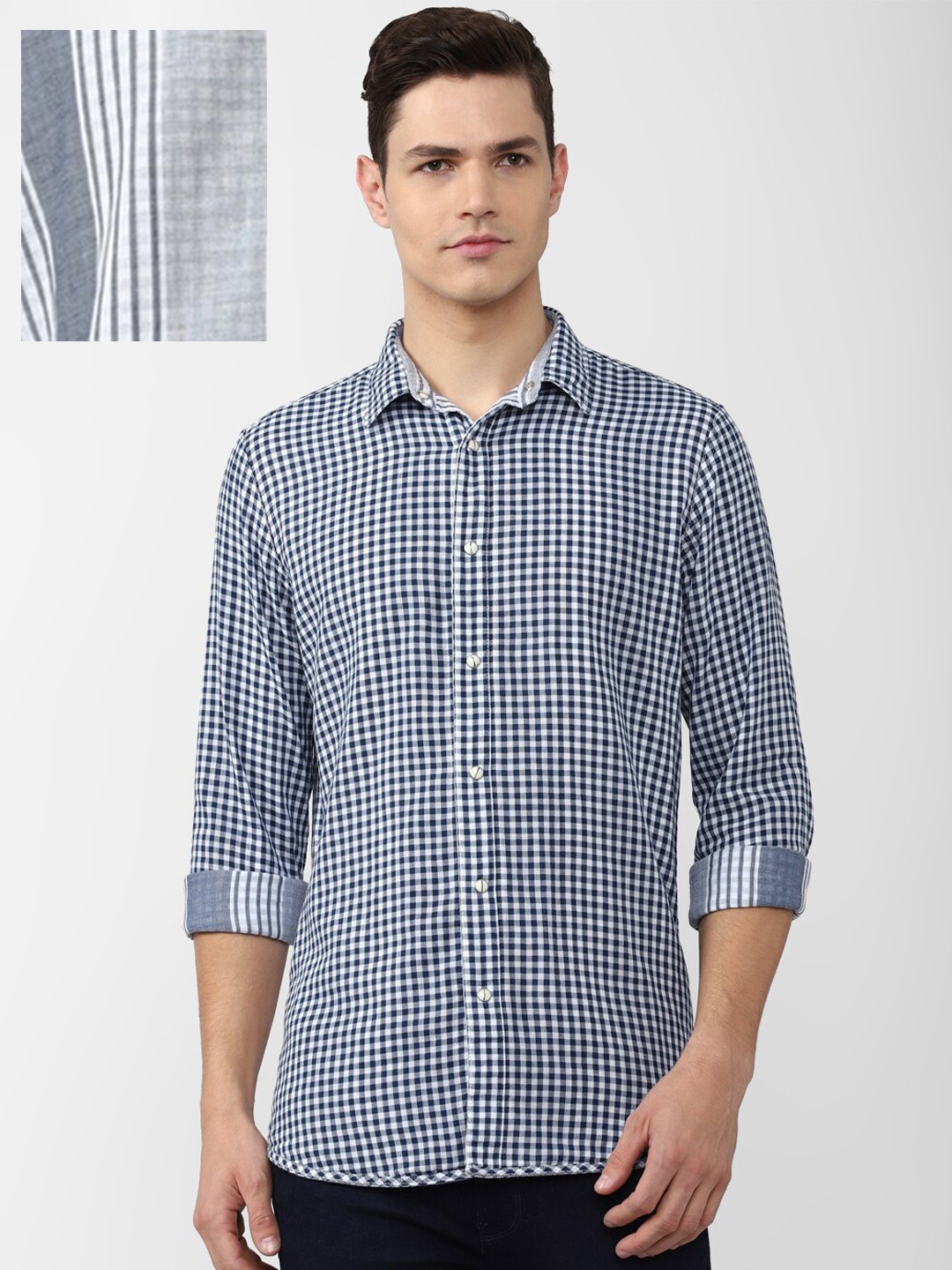 

VAN HEUSEN DENIM LABS Men Grey & Blue Slim Fit Checked Reversible Casual Shirt