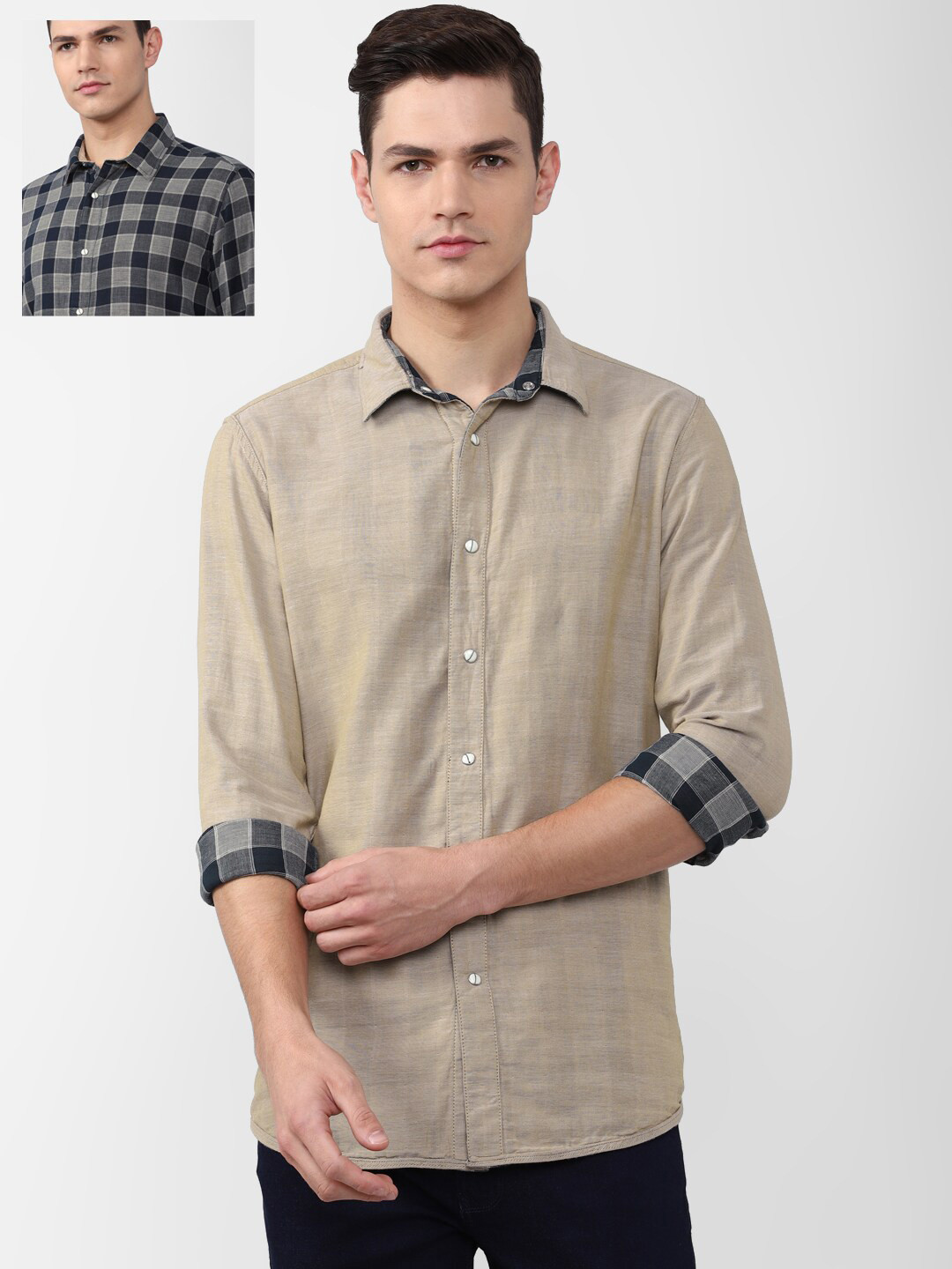 

VAN HEUSEN DENIM LABS Men Beige Slim Fit Checked Reversible Pure Cotton Casual Shirt