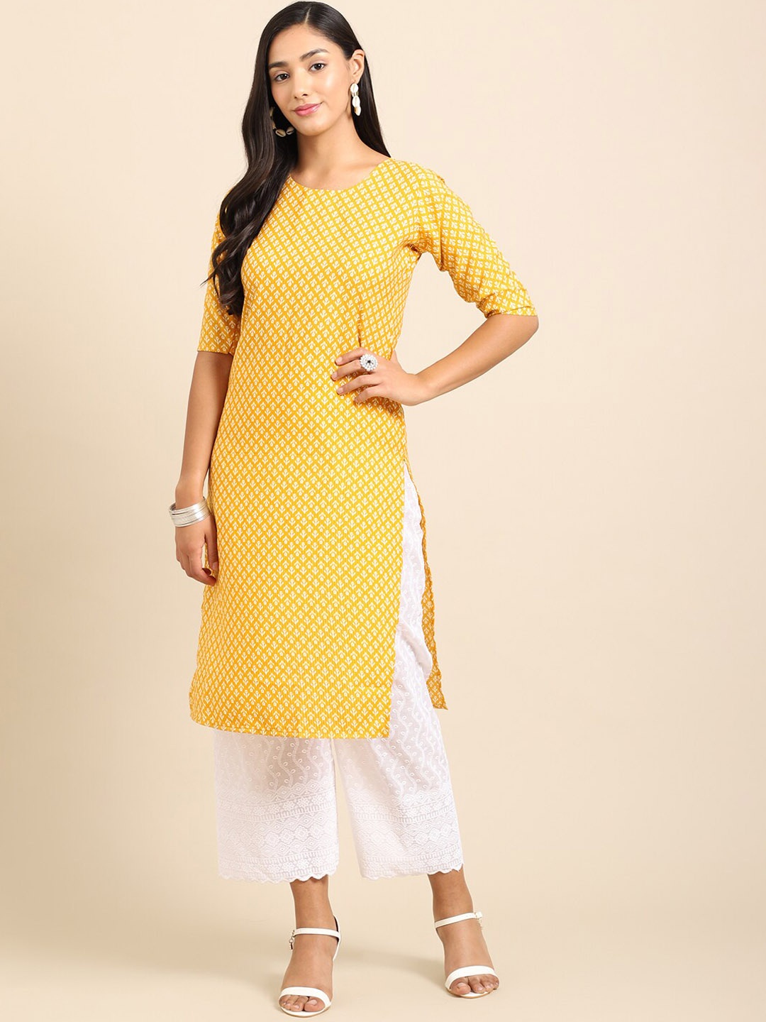 

7Threads Women Yellow Ethnic Print Summer Sheers Crepe Kurta