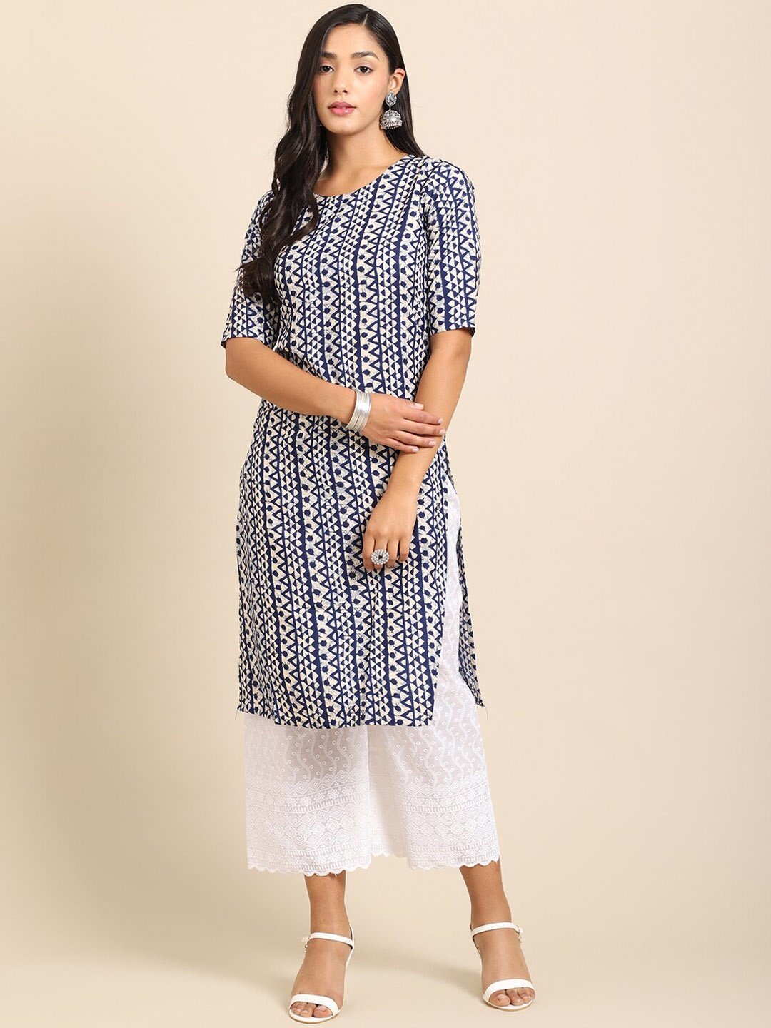 

7Threads Women Blue Tribal Printed Crepe Kurta