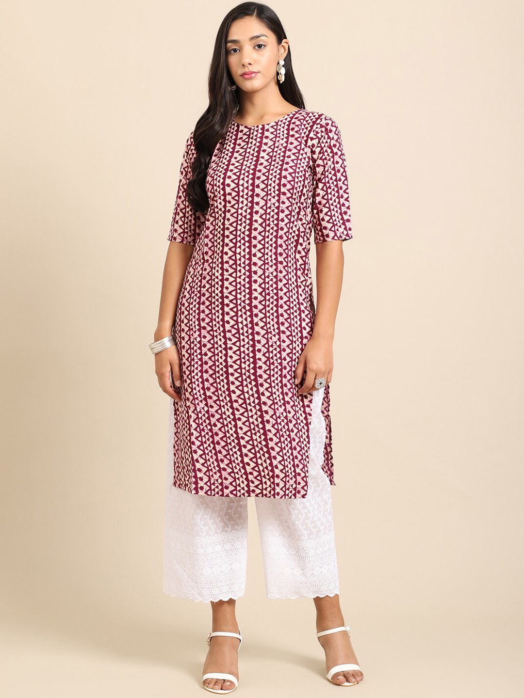 

7Threads Women Magenta Ethnic Motifs Printed Summer Sheers Crepe Kurta
