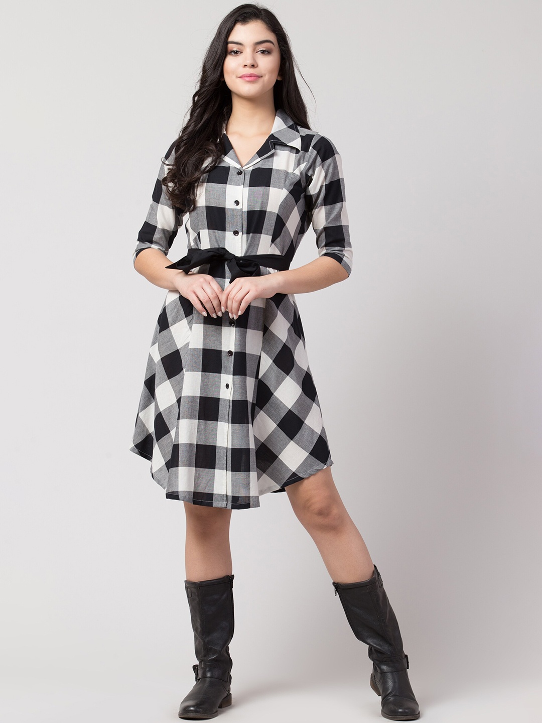 

Hive91 Women White & Black Checked Shirt Dress